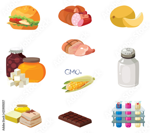 Fast food, sausages, heavy foods, fast carbohydrates, smoked foods, GMOs, salt, refractory fats, chocolate, chemical additives
