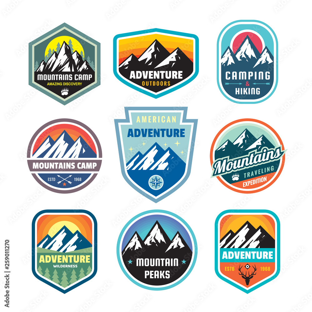 Set of adventure outdoor concept badges, summer camping emblem, mountain climbing logo in flat style. Extreme exploration sticker symbol. Creative vector illustration. Graphic design element. Set of adventure outdoor concept badges, summer camping emblem, mountain climbing logo in flat style. Extreme exploration sticker symbol. Creative vector illustration. Graphic design element.