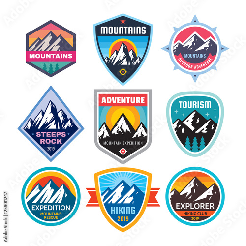 Set of adventure outdoor concept badges, summer camping emblem, mountain climbing logo in flat style. Extreme exploration sticker symbol. Creative vector illustration. Graphic design element.  