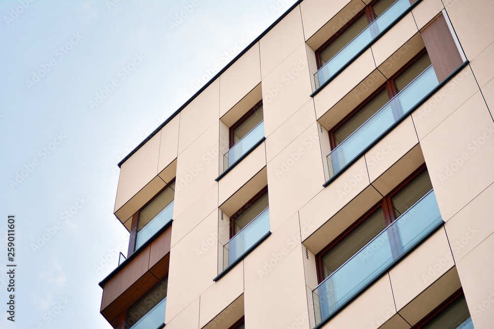 Fragment of a modern apartment building in front. Very modern apartment house.