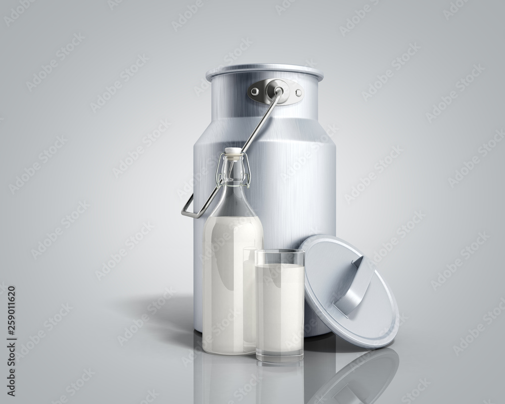 milk can container near the bottle and glass of milk 3d render on grey background milk can container near the bottle and glass of milk 3d render on grey background