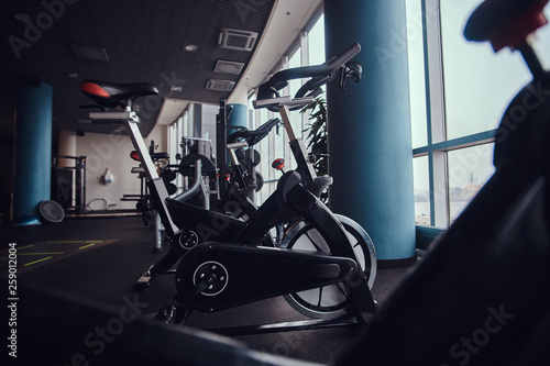 Exercise bikes in the fitness center. Sport, fitness, health