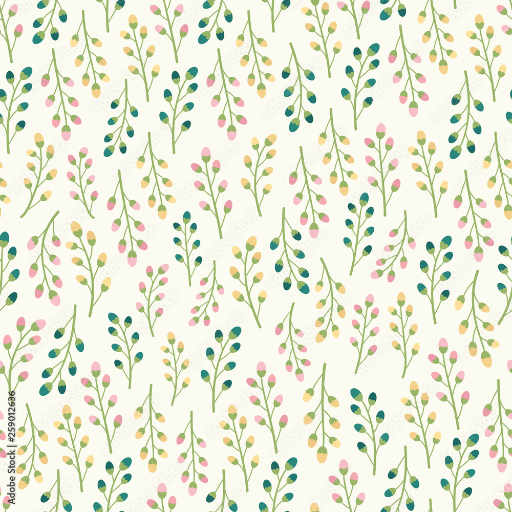 Flower bud branches, pink, yellow and blue floral, seamless vector pattern Flower bud branches, pink, yellow and blue floral, seamless vector pattern