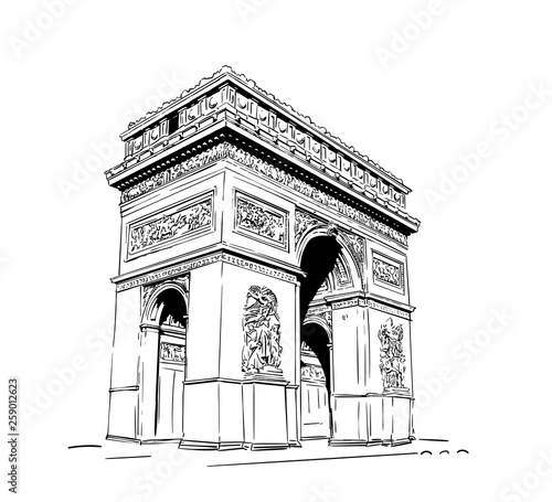 Sketch of Arc de Triomphe in Paris, France, Hand drawn illustration isolated