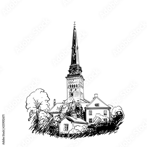 Sketch of Cathedral in Vasteras, Sweden. Hand drawn illustration
