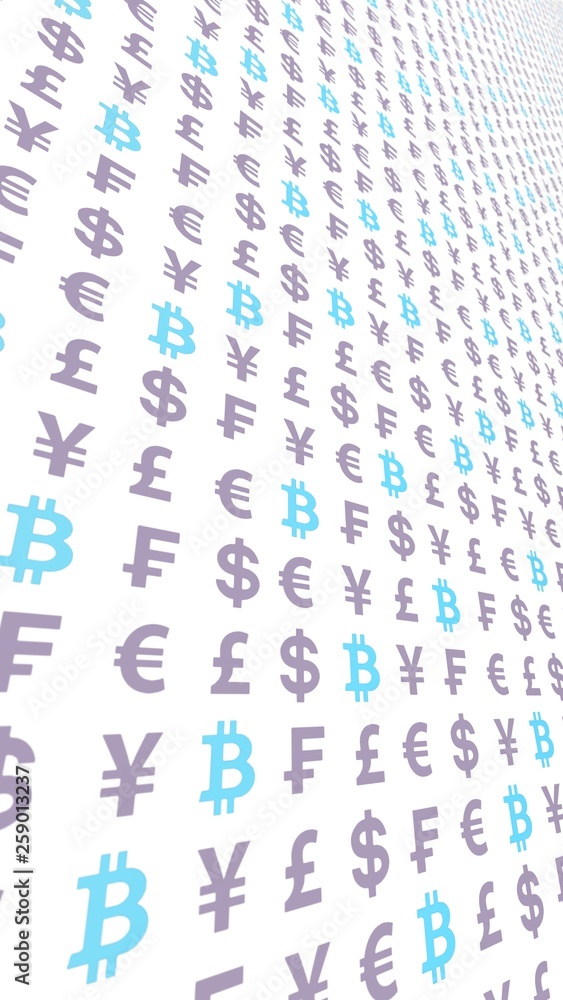 Bitcoin and currency on a white background. Digital Cryptocurrency symbol. Business concept. Market Display. 3D illustration Bitcoin and currency on a white background. Digital Cryptocurrency symbol. Business concept. Market Display. 3D illustration