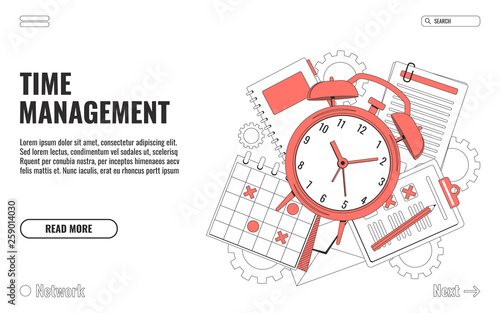 Time management concept illustration, organization, working time. Landing page template. Easy to repaint and adapt to your design. Vector illustration