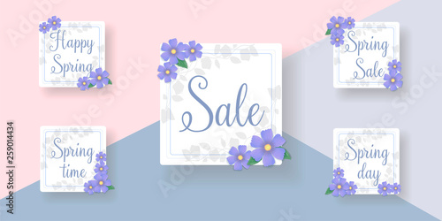 Set of flat and hand drawn spring cards and labels for season sale. Spring Sale. banner template. Feminine sale tag. Vector illustration. Elegant design.