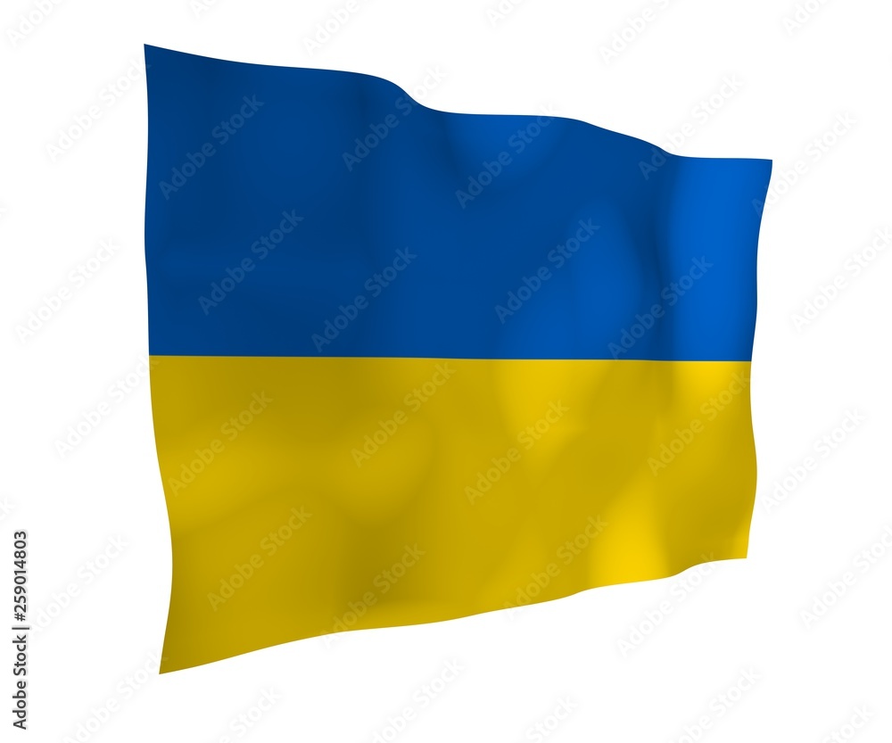The flag of Ukraine on a white background. National flag and state ensign. Blue and yellow bicolour. 3D illustration waving flag The flag of Ukraine on a white background. National flag and state ensign. Blue and yellow bicolour. 3D illustration waving flag