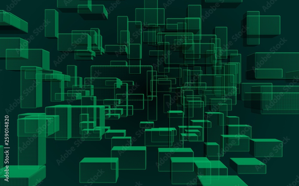Green and dark abstract digital and technology background. The pattern with repeating rectangles. 3D illustration Green and dark abstract digital and technology background. The pattern with repeating rectangles. 3D illustration