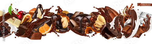 Chocolate mix. Splashes with fruits, nuts, caramel and milk chocolate. 3d vector realistic set