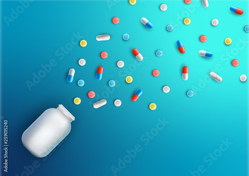 Vector realistic pills and capsules banner, poster. Medicines, tablets, capsules, drug with a small bottle. Health care medical Vector illustration.