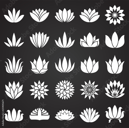 Lotos flowers icons set on black background for graphic and web design. Simple vector sign. Internet concept symbol for website button or mobile app.