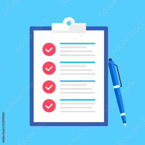Checklist. Clipboard with checkmarks and pen. Check list, survey, to-do list, questionnaire concepts. Modern flat design. Vector illustration © VectorCookies