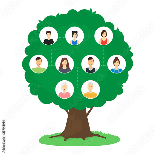 Cartoon Family Tree Infographics Concept Card Poster. Vector