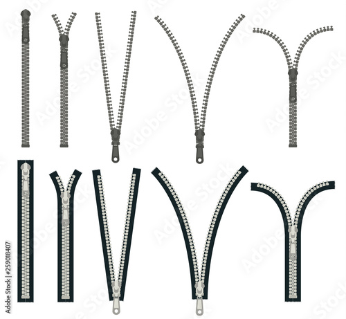 Zippers Various Types Shapes Icon Set. Vector