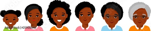 Set of african american age group avatars woman in colorful style. All age group of african american female. Stages of development people - infancy, childhood, youth, maturity, old age.