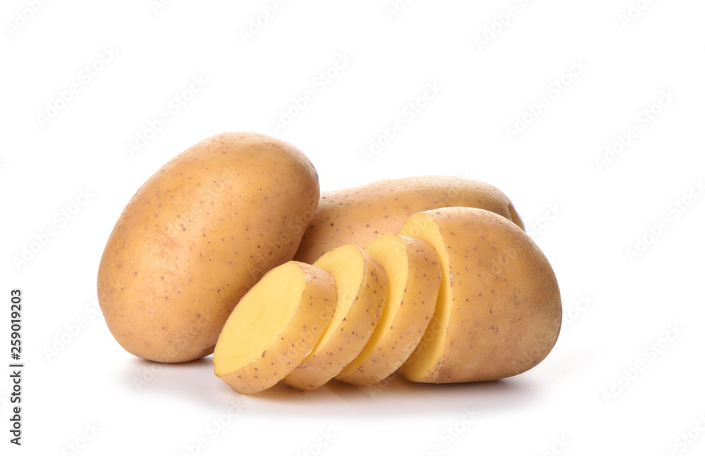 Potato cut slices isolated on white background. Copy space Potato cut slices isolated on white background. Copy space