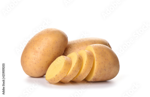 Potato cut slices isolated on white background. Copy space