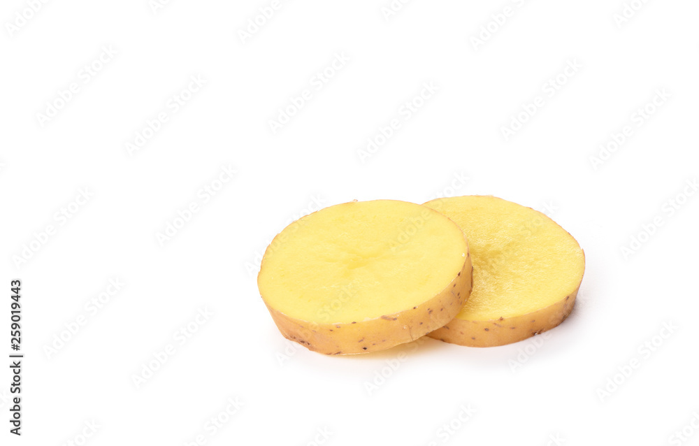 Potato cut slices isolated on white background. Copy space Potato cut slices isolated on white background. Copy space