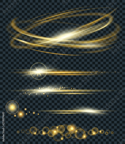 Vector set of glow lightning flare and circle light effect with sparkles isolated on black background. For illustration template art design. Transparent light effects