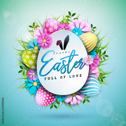 Happy Easter Holiday Design with Painted Egg and Spring Flower on Blue Background. International Vector Celebration Illustration with Typography for Greeting Card, Party Invitation or Promo Banner.