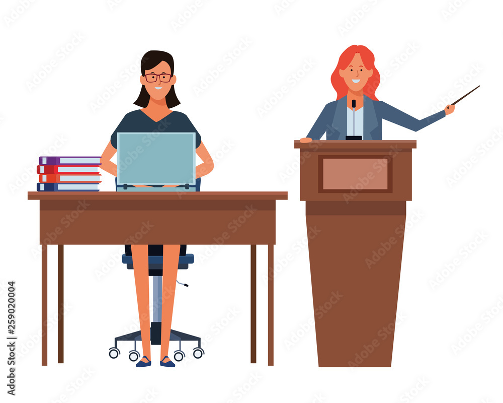 women in a podium and office desk