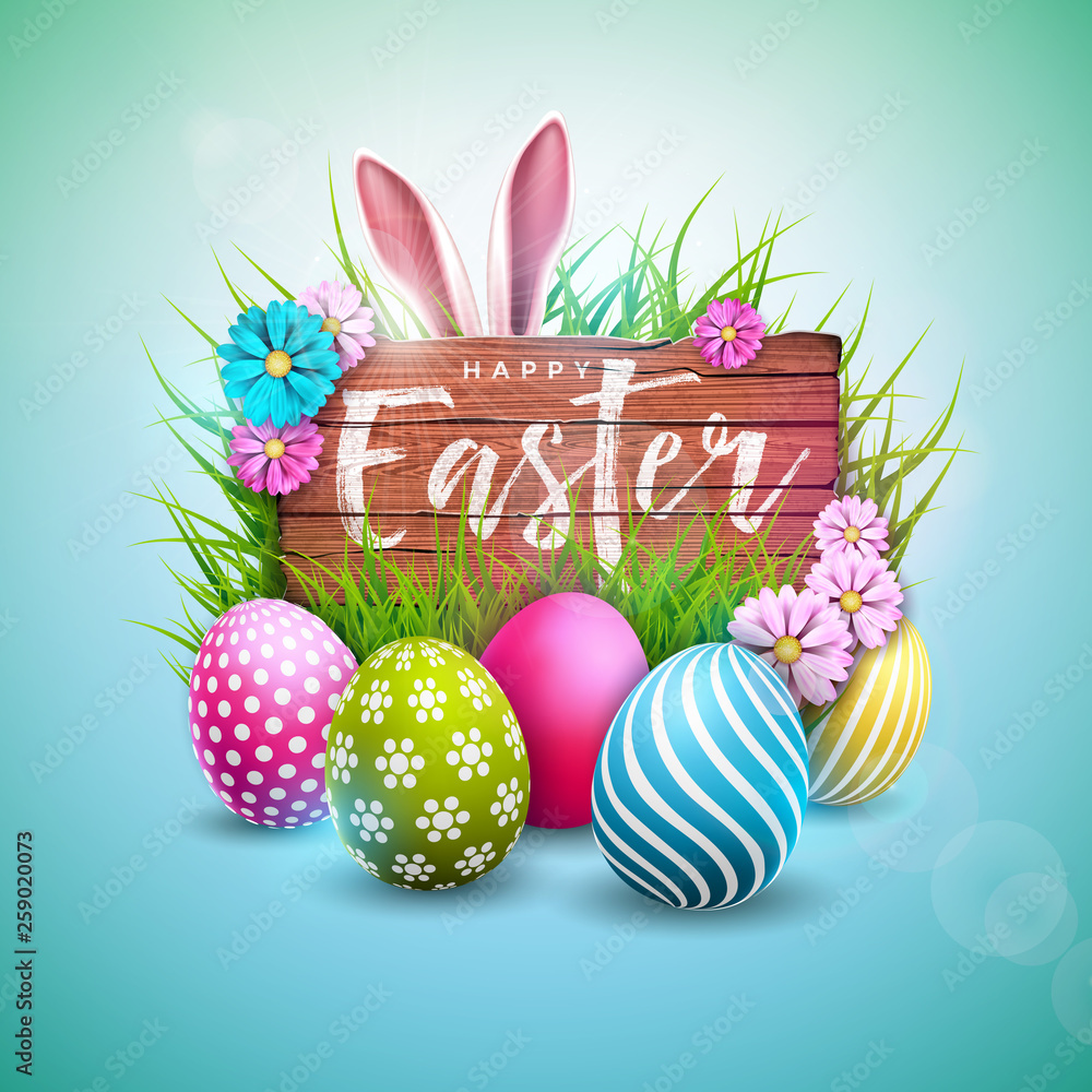 Vetor do Stock: Happy Easter Holiday Design with Painted Egg, Flower and  Rabbit Ears on Vintage Wood Background. International Vector Celebration  Illustration with Typography for Greeting Card, Party Invitation or | Adobe