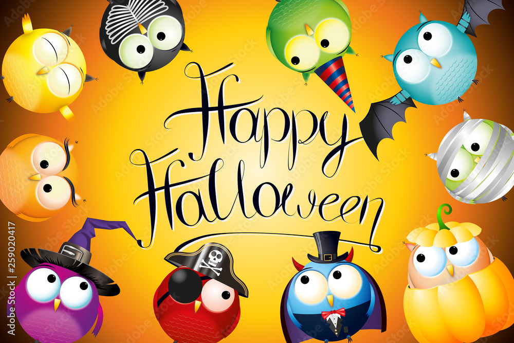 Happy Halloween card with cartoon owls