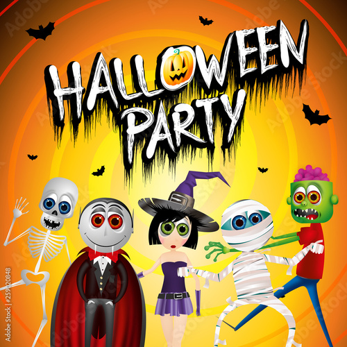 Halloween party poster/ banner with with Dracula, mummy, skeleto photo