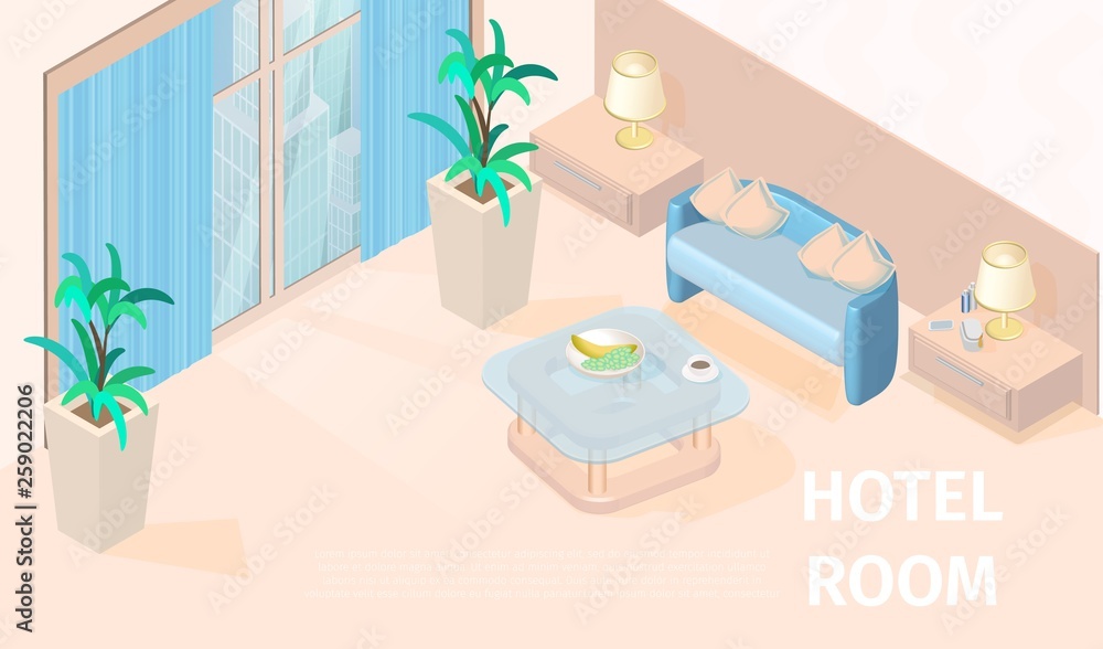 Fotografie Vector Illustration Modern Hotel Room Isometric