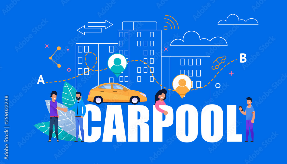 Carpool Modern Banner. Yellow Car with City People