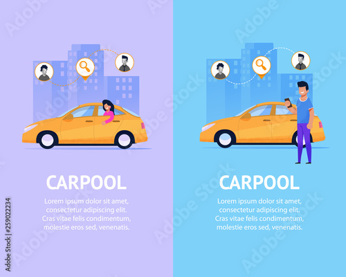 Carpool Banner Set. Modern Taxi Flat Illustration.