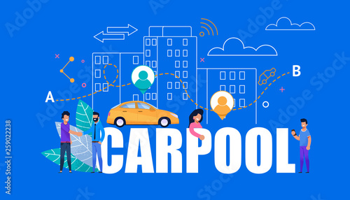 Carpool Modern Banner. Yellow Car with City People