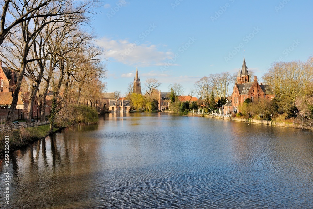 The view over the Minnewater Lake (Lake of Love) in Bruges (Brugge), Belgium