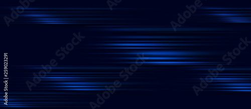 Acceleration speed motion on night road. Light and stripes moving fast over dark background. Abstract blue Illustration.
