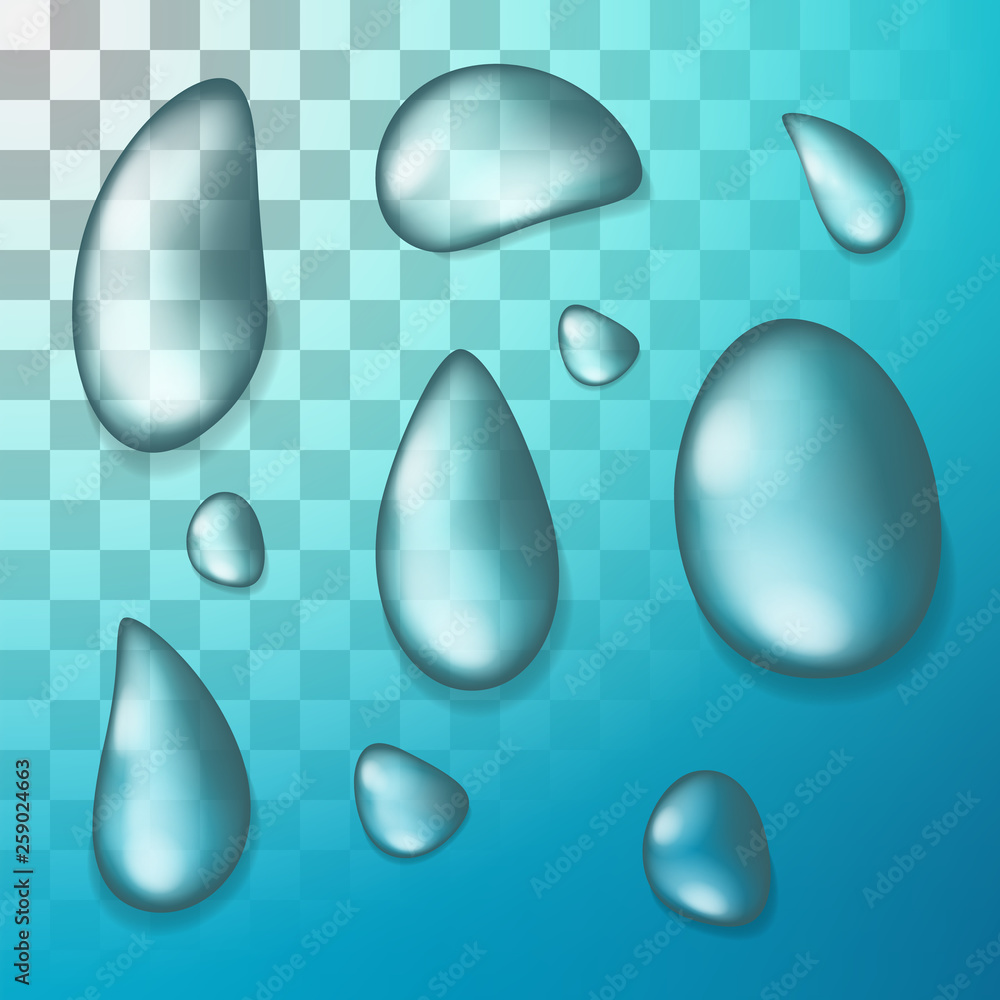 Vector clear water drops realistic set. Drop isolated on a transparent background. Vector clear water drops realistic set. Drop isolated on a transparent background.