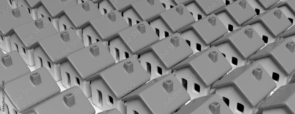 Fototapeta premium House models gray color, close to each other background, banner. 3d illustration