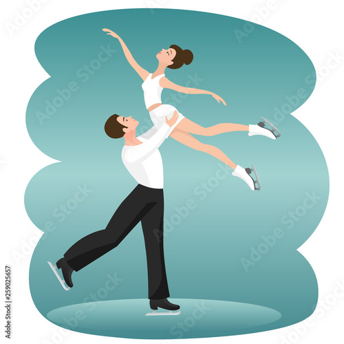 Pair figure skating, dancing on ice is a winter sport. Male athlete raised his partner high above him. Vector illustration