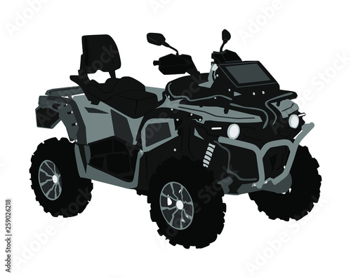 Quad bike vector illustration isolated on white background. Quadricycle  quadbike off road vehicle. ATV road adventure. All terrain vehicle. Outdoor sport activity. 