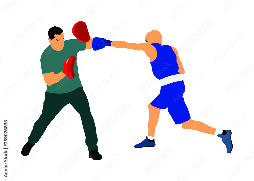 Trainer and boxer vector illustration isolated on white background. Sparring partner martial arts. Direct kick. Clinch, knockout, hook, uppercut. Coach teaches young fighter on training MMA in ring.