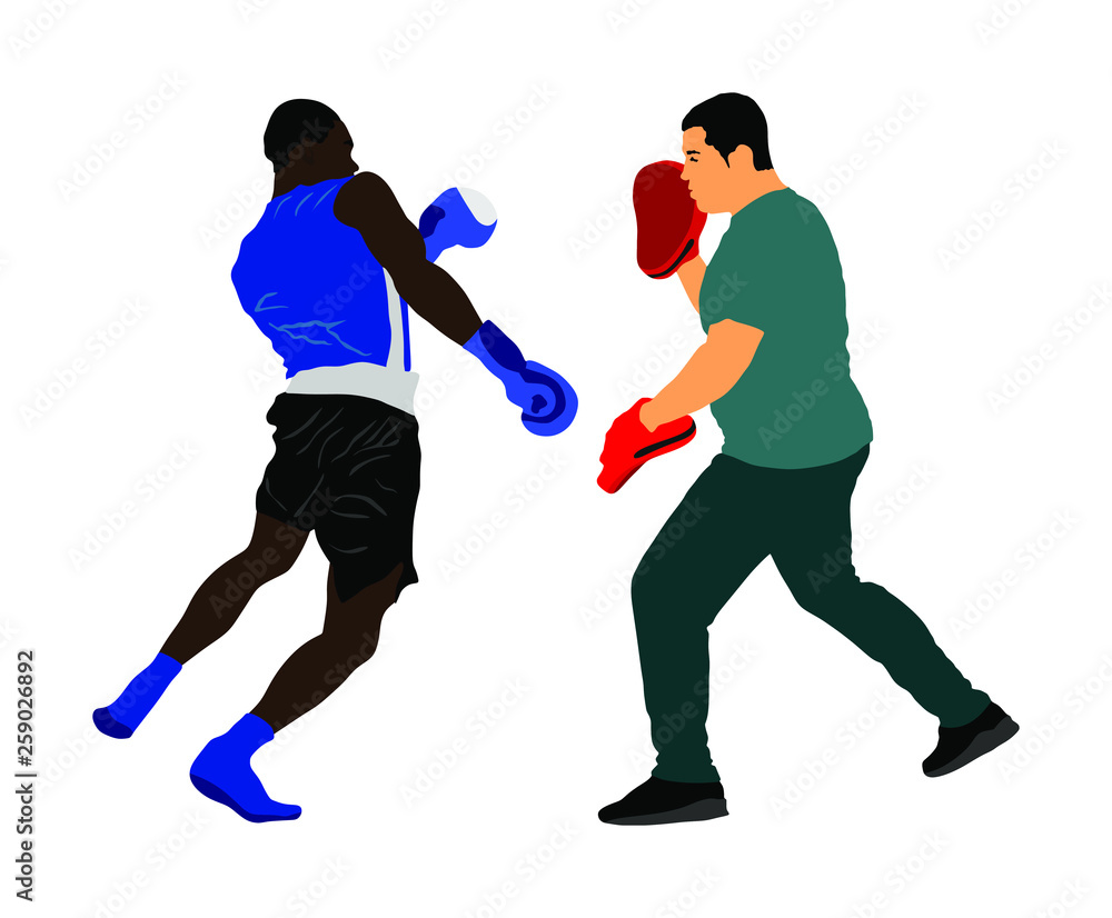 Trainer and boxer vector illustration isolated on white background. Sparring partner martial arts. Direct kick. Clinch, knockout, hook, uppercut. Coach teaches young fighter on training MMA in ring. 