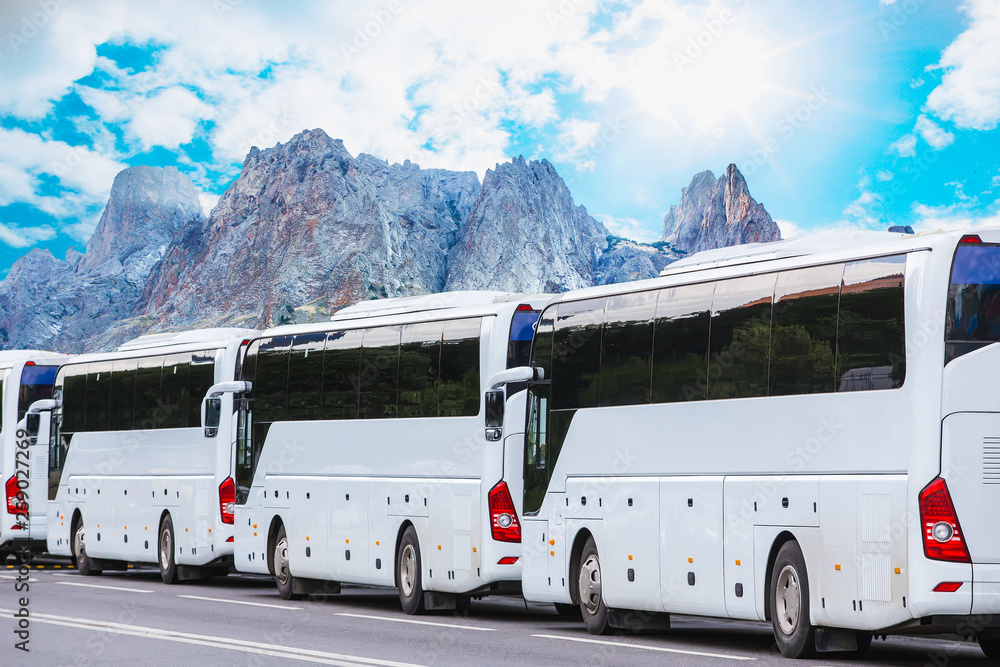 tourist buses on the background of the mountain landscape