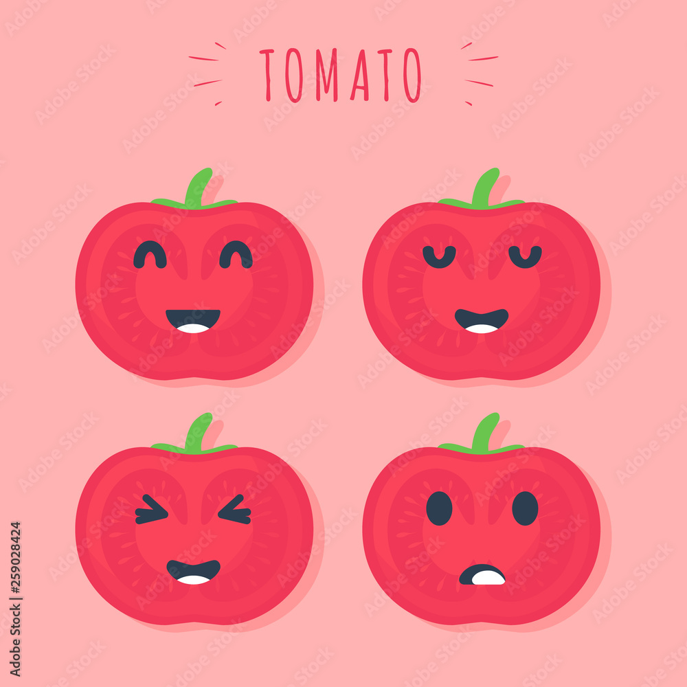 Happy tomato fruit with cute kawaii faces, cute vegetable characters with phrases, isolated white - Vector Happy tomato fruit with cute kawaii faces, cute vegetable characters with phrases, isolated white - Vector
