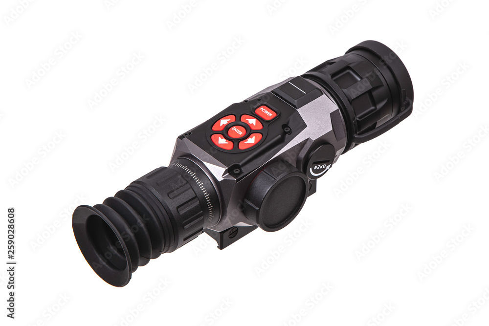 modern black optical scope for weapon isolated on whited. sight scope isolated on white back. modern black optical scope for weapon isolated on whited. sight scope isolated on white back.