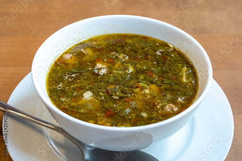 chakapuli, meat and greens soup in white plate
