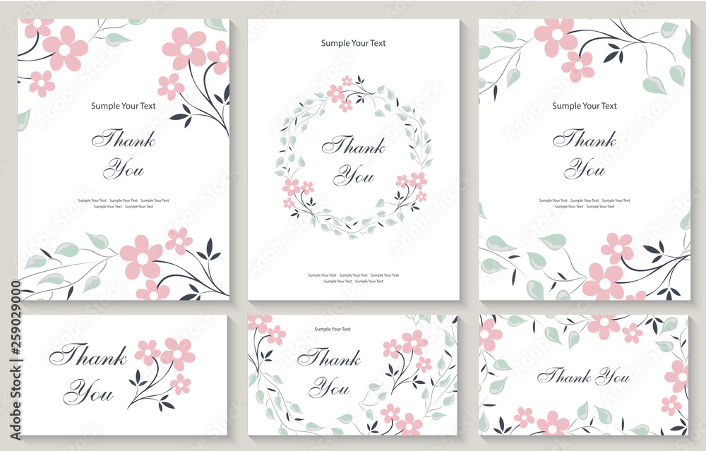 Flower vector card. Template. Thank you. Blank wedding invitation, greeting card, banner. Flowers, leafs, pink rose. Decorative frame. Set.