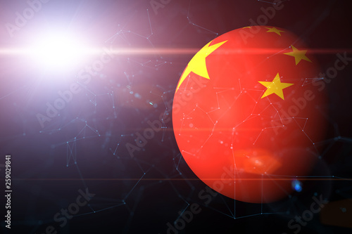 Abstract Chinese flag painted on digital sphere. Futuristic network cyberspace illustration background. View from space. Selective focus used.