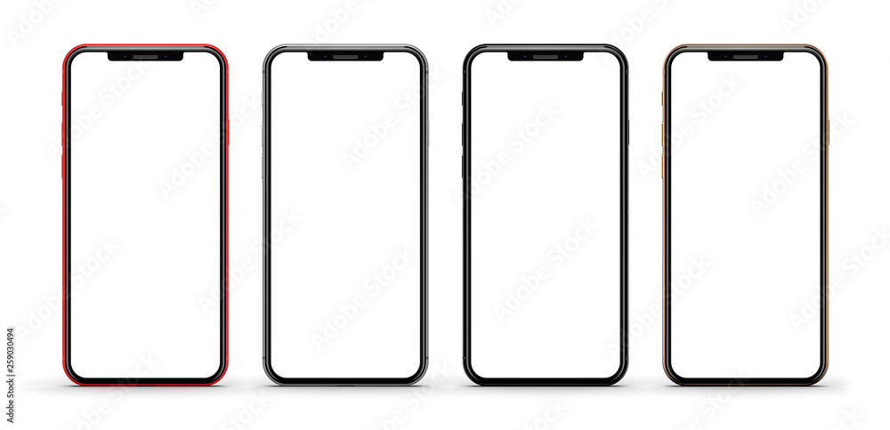 Set of four smartphones gold, red, silver and black - blank screen and isolated on white background, high resolution. Template, mockup. Set of four smartphones gold, red, silver and black - blank screen and isolated on white background, high resolution. Template, mockup.