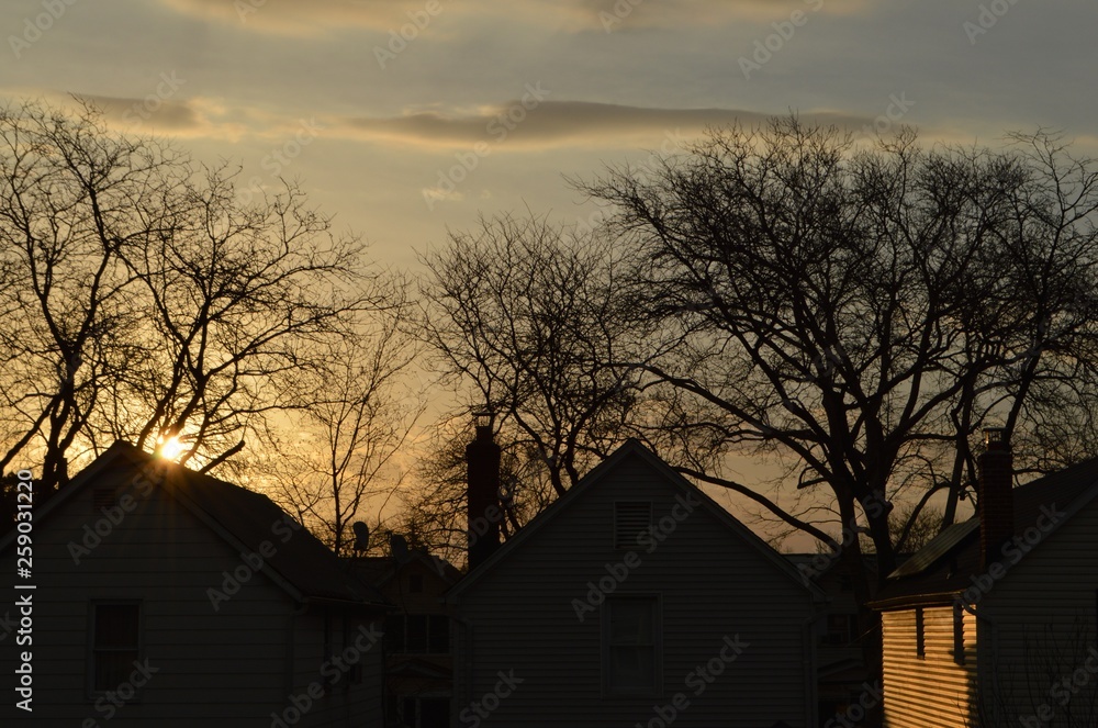 Cheerful Morning Sunrise Blue Sky Lighting Houses in the Suburbs Cheerful Morning Sunrise Blue Sky Lighting Houses in the Suburbs